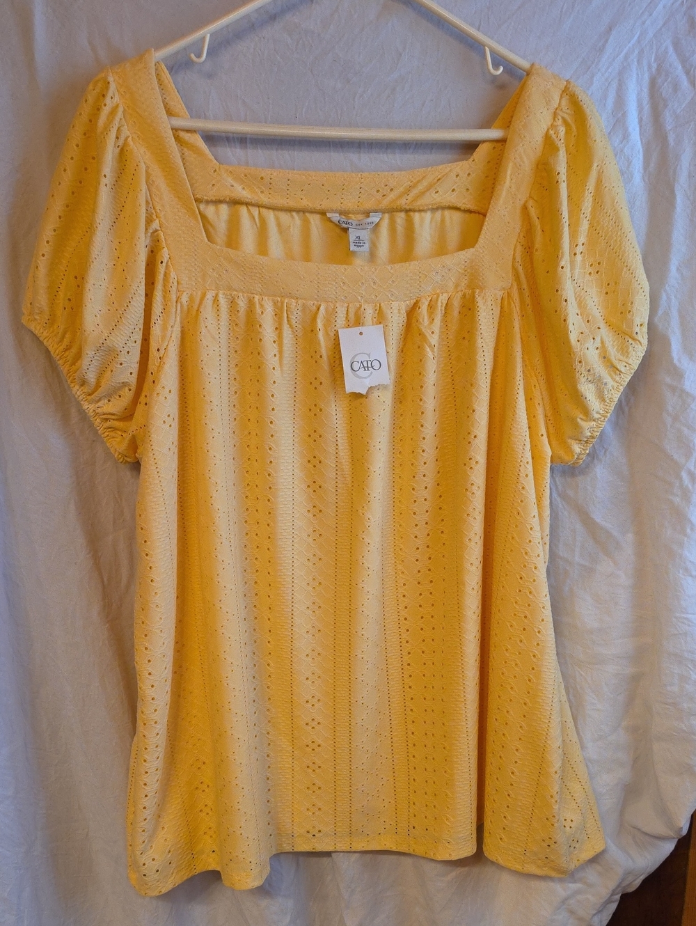 Cato Soft Yellow Eyelet Square Neck Puff Sleeve Blouse